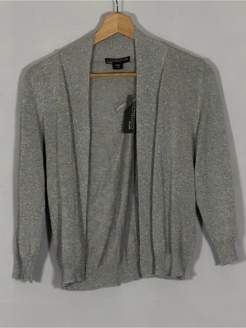 Covington Petite NWT Silver Metallic Lurex Open Front Shrug Cardigan LP